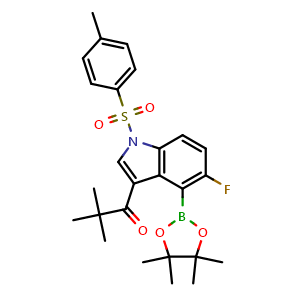 Chemical structure of 1-[5-fluoro-1-(p-tolylsulfonyl)-4-(4,4,5,5-tetramethyl-1,3,2-dioxaborolan-2-yl)indol-3-yl]-2,2-dimethyl-propan-1-one , CAS 2390149-38-7, AChemBlock U134079