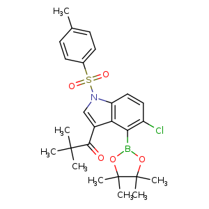 Chemical structure of 1-[5-chloro-1-(p-tolylsulfonyl)-4-(4,4,5,5-tetramethyl-1,3,2-dioxaborolan-2-yl)indol-3-yl]-2,2-dimethyl-propan-1-one , CAS 2390149-39-8, AChemBlock U134080
