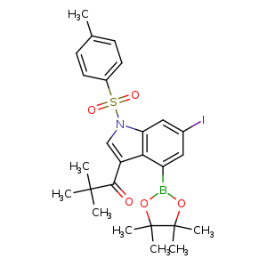 Chemical structure of 1-[6-iodo-1-(p-tolylsulfonyl)-4-(4,4,5,5-tetramethyl-1,3,2-dioxaborolan-2-yl)indol-3-yl]-2,2-dimethyl-propan-1-one , CAS 2390149-42-3, AChemBlock U134083
