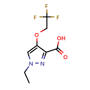 Chemical structure of 1-ethyl-4-(2,2,2-trifluoroethoxy)pyrazole-3-carboxylic acid , CAS 2394876-76-5, AChemBlock U134087