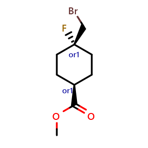 Chemical structure of methyl cis-4-(bromomethyl)-4-fluoro-cyclohexanecarboxylate , CAS 2402828-67-3, AChemBlock U134091