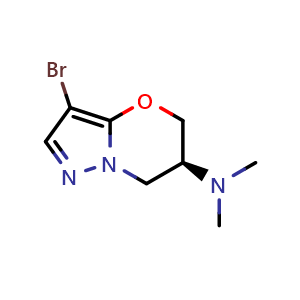 Chemical structure of (6S)-3-bromo-N,N-dimethyl-6,7-dihydro-5H-pyrazolo[5,1-b][1,3]oxazin-6-amine , CAS 2409127-51-9, AChemBlock U134110