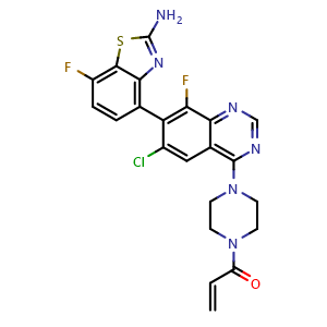 Chemical structure of 1-[4-[7-(2-amino-7-fluoro-1,3-benzothiazol-4-yl)-6-chloro-8-fluoro-quinazolin-4-yl]piperazin-1-yl]prop-2-en-1-one , CAS 2409131-50-4, AChemBlock U134115