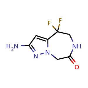 Chemical structure of 2-amino-4,4-difluoro-6,8-dihydro-5H-pyrazolo[1,5-d][1,4]diazepin-7-one , CAS 2409846-39-3, AChemBlock U134116
