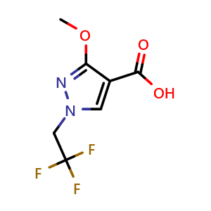Chemical structure of 3-methoxy-1-(2,2,2-trifluoroethyl)pyrazole-4-carboxylic acid , CAS 2411383-17-8, AChemBlock U134129