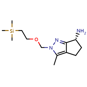 Chemical structure of (6R)-3-methyl-2-(2-trimethylsilylethoxymethyl)-5,6-dihydro-4H-cyclopenta[c]pyrazol-6-amine , CAS 2411552-86-6, AChemBlock U134132