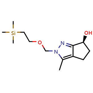 Chemical structure of (6S)-3-methyl-2-(2-trimethylsilylethoxymethyl)-5,6-dihydro-4H-cyclopenta[c]pyrazol-6-ol , CAS 2411552-87-7, AChemBlock U134133