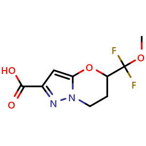 Chemical structure of 5-(difluoromethoxymethyl)-6,7-dihydro-5H-pyrazolo[5,1-b][1,3]oxazine-2-carboxylic acid , CAS 2413407-68-6, AChemBlock U134138