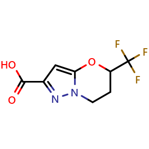 Chemical structure of 5-(trifluoromethyl)-6,7-dihydro-5H-pyrazolo[5,1-b][1,3]oxazine-2-carboxylic acid , CAS 2413408-01-0, AChemBlock U134139