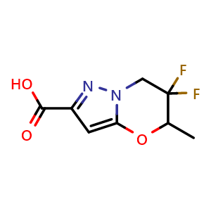 Chemical structure of 6,6-difluoro-5-methyl-5,7-dihydropyrazolo[5,1-b][1,3]oxazine-2-carboxylic acid , CAS 2413409-57-9, AChemBlock U134143