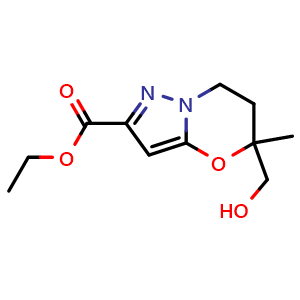 Chemical structure of ethyl 5-(hydroxymethyl)-5-methyl-6,7-dihydropyrazolo[5,1-b][1,3]oxazine-2-carboxylate , CAS 2413409-70-6, AChemBlock U134144