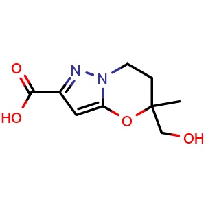 Chemical structure of 5-(hydroxymethyl)-5-methyl-6,7-dihydropyrazolo[5,1-b][1,3]oxazine-2-carboxylic acid , CAS 2413409-71-7, AChemBlock U134145