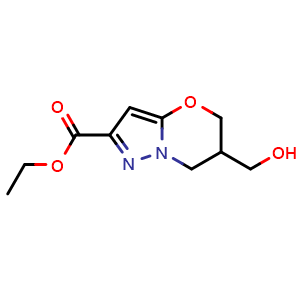 Chemical structure of Ethyl 6-(hydroxymethyl)-6,7-dihydro-5H-pyrazolo[5,1-b][1,3]oxazine-2-carboxylate , CAS 2413410-10-1, AChemBlock U134150