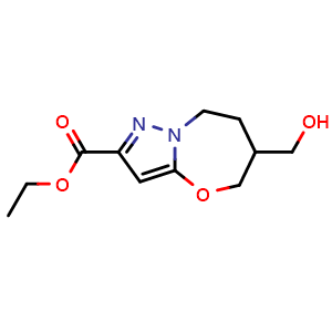 Chemical structure of ethyl 6-(hydroxymethyl)-5,6,7,8-tetrahydropyrazolo[5,1-b][1,3]oxazepine-2-carboxylate , CAS 2413410-27-0, AChemBlock U134151