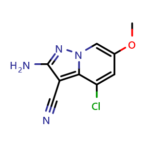 Chemical structure of 2-amino-4-chloro-6-methoxy-pyrazolo[1,5-a]pyridine-3-carbonitrile , CAS 2414183-76-7, AChemBlock U134156