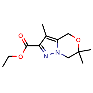 Chemical structure of ethyl 3,6,6-trimethyl-4,7-dihydropyrazolo[5,1-c][1,4]oxazine-2-carboxylate , CAS 2414325-72-5, AChemBlock U134157