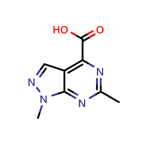 Chemical structure of 1,6-dimethylpyrazolo[3,4-d]pyrimidine-4-carboxylic acid , CAS 2414325-82-7, AChemBlock U134158