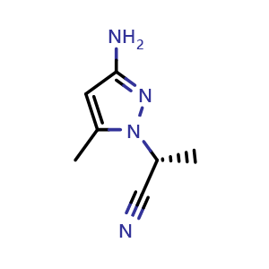 Chemical structure of (2R)-2-(3-amino-5-methyl-pyrazol-1-yl)propanenitrile , CAS 2414516-16-6, AChemBlock U134166