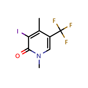 Chemical structure of 3-iodo-1,4-dimethyl-5-(trifluoromethyl)pyridin-2-one , CAS 2417310-14-4, AChemBlock U134176