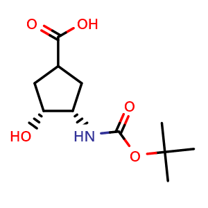 Chemical structure of (3S,4R)-3-(tert-butoxycarbonylamino)-4-hydroxy-cyclopentanecarboxylic acid , CAS 2440018-56-2, AChemBlock U134188