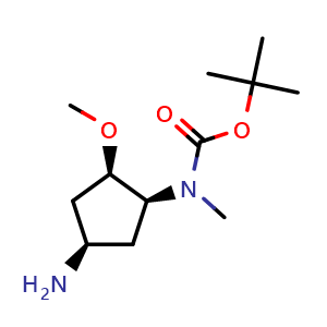 Chemical structure of tert-butyl N-[(1S,2R,4R)-4-amino-2-methoxy-cyclopentyl]-N-methyl-carbamate , CAS 2440020-37-9, AChemBlock U134195