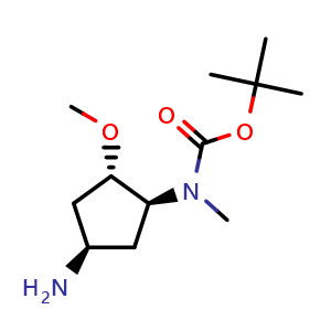 Chemical structure of tert-butyl N-[(1S,2S,4R)-4-amino-2-methoxy-cyclopentyl]-N-methyl-carbamate , CAS 2440020-44-8, AChemBlock U134196