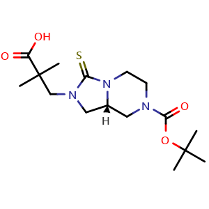 Chemical structure of 3-[(8aR)-7-tert-butoxycarbonyl-3-thioxo-5,6,8,8a-tetrahydro-1H-imidazo[1,5-a]pyrazin-2-yl]-2,2-dimethyl-propanoic acid , CAS 2446324-93-0, AChemBlock U134200