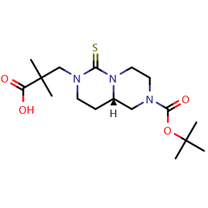 Chemical structure of 3-[(9aS)-2-tert-butoxycarbonyl-6-thioxo-1,3,4,8,9,9a-hexahydropyrazino[1,2-c]pyrimidin-7-yl]-2,2-dimethyl-propanoic acid , CAS 2446325-22-8, AChemBlock U134203