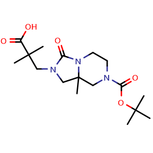 Chemical structure of 3-(7-tert-butoxycarbonyl-8a-methyl-3-oxo-1,5,6,8-tetrahydroimidazo[1,5-a]pyrazin-2-yl)-2,2-dimethyl-propanoic acid , CAS 2446738-64-1, AChemBlock U134213