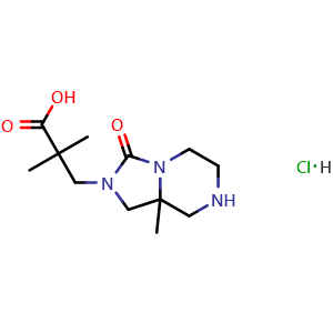Chemical structure of 3-(8a-methyl-3-oxo-5,6,7,8-tetrahydro-1H-imidazo[1,5-a]pyrazin-2-yl)-2,2-dimethyl-propanoic acid hydrochloride , CAS 2446738-66-3, AChemBlock U134214