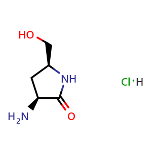 Chemical structure of (3S,5S)-3-amino-5-(hydroxymethyl)pyrrolidin-2-one hydrochloride , CAS 2446818-33-1, AChemBlock U134215