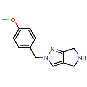 Chemical structure of 2-[(4-methoxyphenyl)methyl]-5,6-dihydro-4H-pyrrolo[3,4-c]pyrazole , CAS 2485743-57-3, AChemBlock U134264