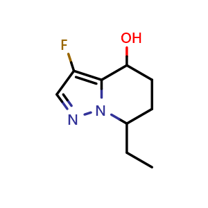 Chemical structure of 7-ethyl-3-fluoro-4,5,6,7-tetrahydropyrazolo[1,5-a]pyridin-4-ol , CAS 2489784-56-5, AChemBlock U134289