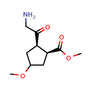 Chemical structure of methyl (1S,2R)-2-(2-aminoacetyl)-4-methoxy-cyclopentanecarboxylate , CAS 2497592-68-2, AChemBlock U134313
