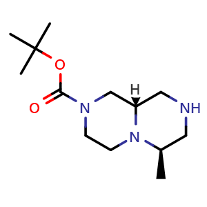Chemical structure of tert-butyl rel-(6R,9aS)-6-methyl-1,3,4,6,7,8,9,9a-octahydropyrazino[1,2-a]pyrazine-2-carboxylate , CAS 2506407-20-9, AChemBlock U134328