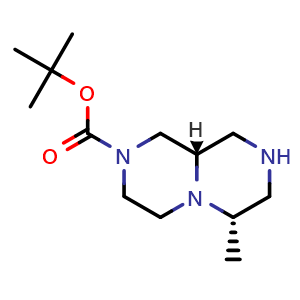 Chemical structure of tert-butyl (6S,9aS)-6-methyl-1,3,4,6,7,8,9,9a-octahydropyrazino[1,2-a]pyrazine-2-carboxylate , CAS 2506407-40-3, AChemBlock U134329