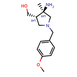 Chemical structure of [cis-4-amino-1-[(4-methoxyphenyl)methyl]-4-methyl-pyrrolidin-3-yl]methanol , CAS 2560556-70-7, AChemBlock U134368