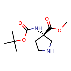 Chemical structure of methyl (3S)-3-(tert-butoxycarbonylamino)pyrrolidine-3-carboxylate , CAS 2563414-00-4, AChemBlock U134385