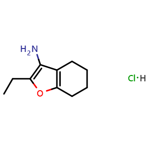 Chemical structure of 2-Ethyl-4,5,6,7-tetrahydrobenzofuran-3-amine hydrochloride , CAS 2567560-39-6, AChemBlock U134399