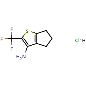 Chemical structure of 2-(trifluoromethyl)-5,6-dihydro-4H-cyclopenta[b]thiophen-3-amine hydrochloride , CAS 2567560-46-5, AChemBlock U134402