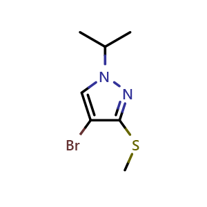 Chemical structure of 4-bromo-1-isopropyl-3-methylsulfanyl-pyrazole , CAS 2568842-43-1, AChemBlock U134414