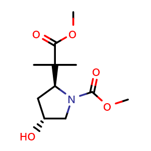 Chemical structure of methyl (2S,4R)-4-hydroxy-2-(2-methoxy-1,1-dimethyl-2-oxo-ethyl)pyrrolidine-1-carboxylate , CAS 2580984-71-8, AChemBlock U134441