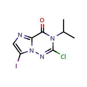Chemical structure of 2-chloro-7-iodo-3-isopropyl-imidazo[2,1-f][1,2,4]triazin-4-one , CAS 2587154-58-1, AChemBlock U134455