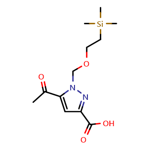 Chemical structure of 5-acetyl-1-(2-trimethylsilylethoxymethyl)pyrazole-3-carboxylic acid , CAS 2587155-98-2, AChemBlock U134462