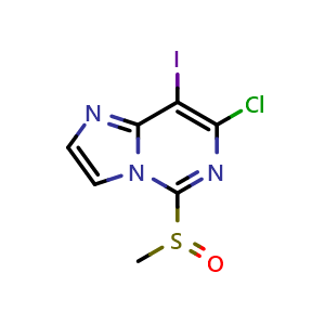 Chemical structure of 7-chloro-8-iodo-5-methylsulfinyl-imidazo[1,2-c]pyrimidine , CAS 2590744-24-2, AChemBlock U134469