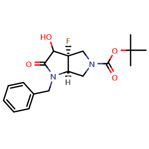 Chemical structure of tert-butyl cis-1-benzyl-3a-fluoro-3-hydroxy-2-oxo-3,4,6,6a-tetrahydropyrrolo[3,4-b]pyrrole-5-carboxylate , CAS 2597341-60-9, AChemBlock U134494