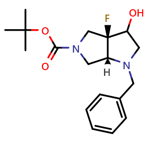 Chemical structure of tert-butyl cis-1-benzyl-3a-fluoro-3-hydroxy-3,4,6,6a-tetrahydro-2H-pyrrolo[3,4-b]pyrrole-5-carboxylate , CAS 2597341-61-0, AChemBlock U134495