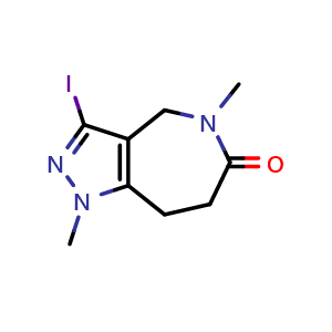 Chemical structure of 3-iodo-1,5-dimethyl-7,8-dihydro-4H-pyrazolo[4,3-c]azepin-6-one , CAS 2598005-30-0, AChemBlock U134502