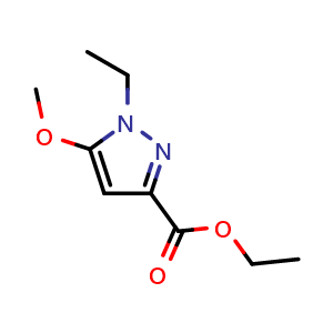 Chemical structure of ethyl 1-ethyl-5-methoxy-pyrazole-3-carboxylate , CAS 2603582-19-8, AChemBlock U134504