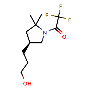 Chemical structure of 2,2,2-trifluoro-1-[(4S)-4-(3-hydroxypropyl)-2,2-dimethyl-pyrrolidin-1-yl]ethanone , CAS 2609740-81-8, AChemBlock U134515